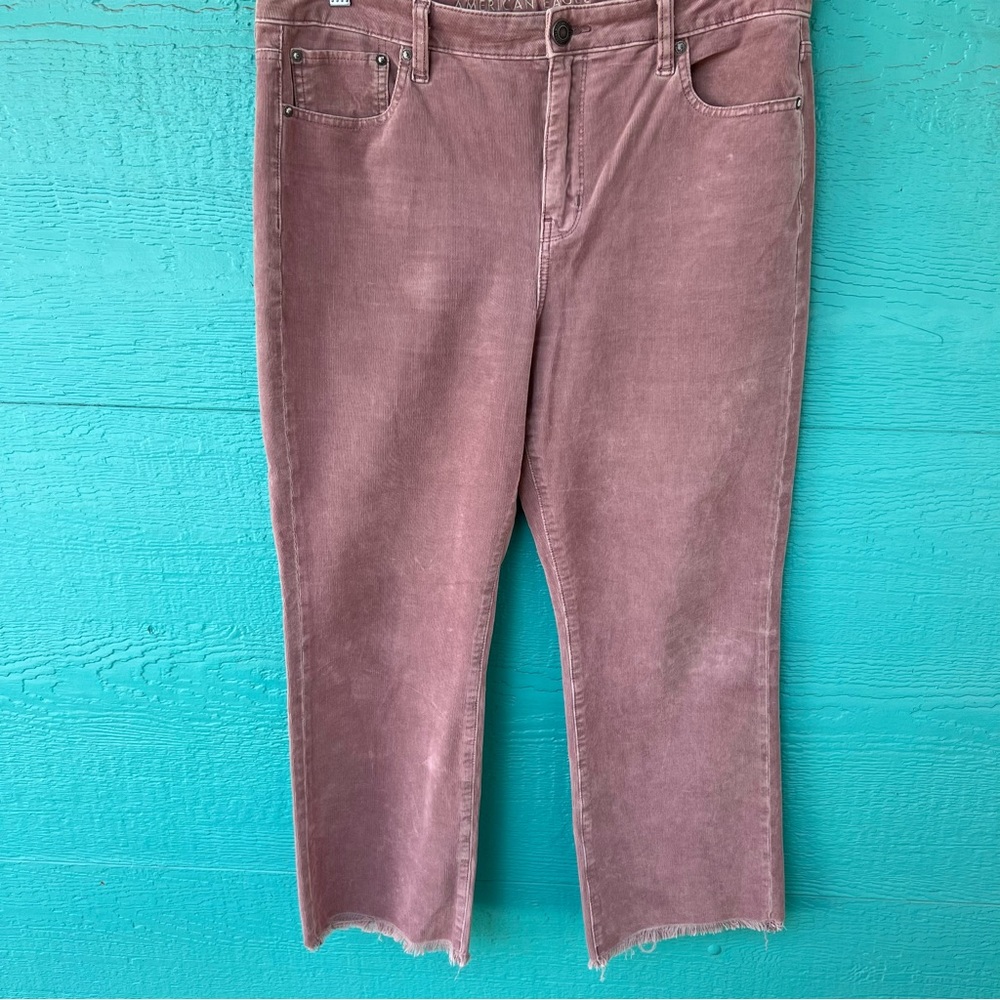 AMERICAN EAGLE HI RISE CROP FLARE SUPER STRETCH MAUVE PINK CORDUROY SIZE 16 EUC
